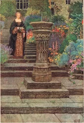 Woman in a Garden, illustration från "The Book of Old English Songs and Ballads" utgiven av Stodder och Houghton, c.1910 (färg litho)