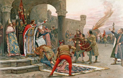 Kalman I (1068-1116), kung av Ungern, förbjuder bränning av häxor (chromolitho)