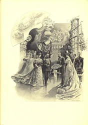 Alexandra Fyorodovna och Nicholas II under den ceremoniella mottagningen på den franska ambassaden, 1899