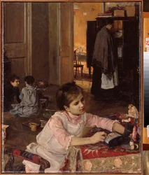 Barnrum (Barn leker med sina leksaker, medan en hembiträde ordnar tvätt i skåpet) - Barnrum - Målning av Elena Dmitryevna Polenova (1850-1898), olja på duk
