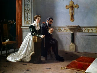 Bianca Cappello och François I de Medici (1541-1587) (Francesco Primo I de Medici) ber framför ett krucifix
