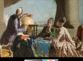 The Lecon of Geography Två unga kvinnor i det höga samhället och deras lärare visar dem en jordklot Målning av Eleuterio Pagliano (1826-1903) 1880 Privat samling