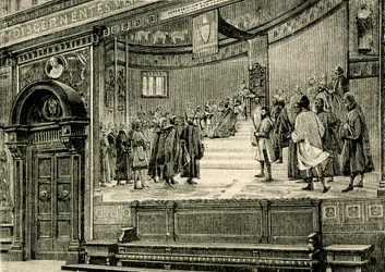 Freskerna i den stora salen i Barnabiternas palats, av Elia Bonci (1866-1953), Macerata, Marche, Italien