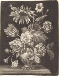 Blommigt stilleben med en solros