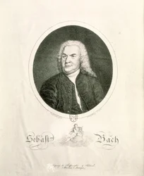 Porträtt av Johann Sebastian Bach (1685-1750) graverad av Friedrich Wilhelm Nettling (gravyr) (bw foto)