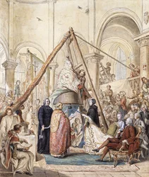Välsignelsen av klockan i bykyrkan i Ormesson av Marquisse d"Ormesson, deltog av hennes man och bybor,