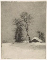 Vinterlandskap med gård och träd