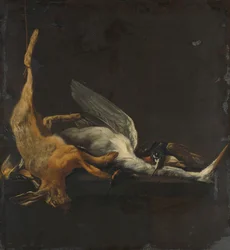 Stilleben med hare, häger och andra fåglar