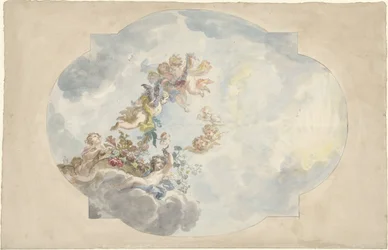 Design för en takmålning med putti, blommor och girlanger