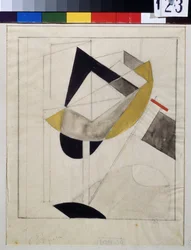 Proun 19 (Proun 19) - Verk av Lazar Lissitskij dit El Lissitskij (Lissitsky eller Lissitski eller Lissitzky) (1890-1941), Gouache och bläck på papper, omkring 1920 - Ryskt avantgarde, tidigt 1900-tal, abstrakt konst - Staten Tretyakov Galleri, Moskva