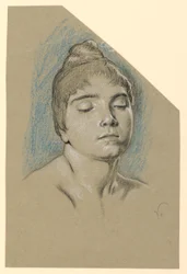 Teckning, Porträttskiss av en ung kvinna med slutna ögon, ca 1885