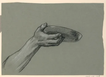 Teckning, detalj av underarm och hand som håller cirkulärt föremål, ca 1885