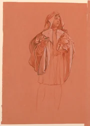 Teckning, studie av en figur i huvdräkt, ca 1885