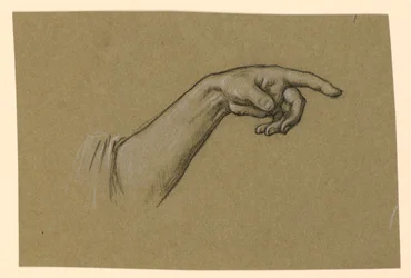 pekar vänster hand, handled, underarm till början av ärmen
