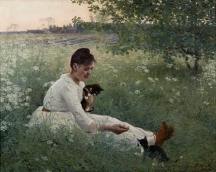 Ung flicka med katter i ett sommarlandskap - Flicka med katter i ett sommarlandskap - Elin Danielson-Gambogi (1861-1919). olja på duk