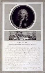 Calonne, ekonomichef, 1787, porträtt graverat av Charles Levachez (fl.1760-1820), med en scen av notabelns församling av Jean Duplessis-Bertaux (1747-1819), ca 1803 (gravyr)