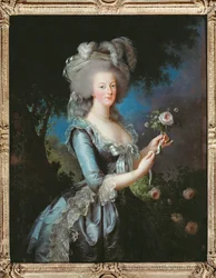 Porträtt av drottning Marie-Antoinette, även kallad Marie Antoinette, med en ros