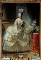 Porträtt till fots av Marie Antoinette av Lorraine Habsburg drottning av Frankrike (1755-1793) i stor hovkostym, en ros i handen Målning av Marie Elisabeth Louise Vigee Le brun (eller Vigee-Lebrun eller Vigee Lebrun) (1755-1842) 1700-tal Sol. 2,23 x 1,58 m