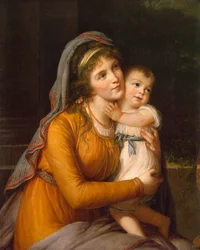 Porträtt av friherrinnan Anna Sergeyevna Stroganova 1765-1824 med sin son, ca. 1800