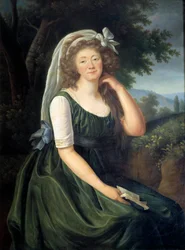 Porträtt av Jeanne Becu, grevinnan (eller Madame) du Barry (1743-1793), kurtisan och älskarinna till Ludvig XV, i Louveciennes vid 46 års ålder. Målning av Marie Elisabeth Louise Vigée Le Brun (eller Vigée-Lebrun eller Vigée Lebrun) (1755-1842). September