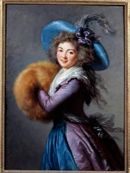 Porträtt av Madame Mole Reymond (1759-1833), skådespelerska i den italienska komedin. Hon bär en fjäderhatt och bär en ärm. Målning av Marie Elisabeth Louise Vigee Le brun (ou Vigee-Lebrun ou Vigee Lebrun) (1755-1842) 1786 Sön. 1,04x0,76 m - Porträtt o