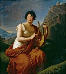 Porträtt av författaren friherrinnan Anne Louise Germaine de Staël 1766-1817 som Corinne på Cape Misenum,