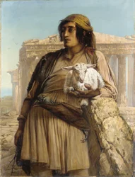 En herdepojke som står framför Parthenon