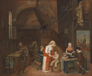 Besök hos tårtbagaren, otydligt signerad (på bordet), daterad M. E. De Latour 1822