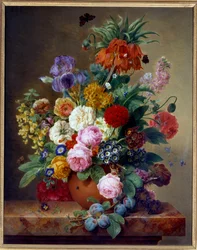 Blommor på ett marmorbord Målning av Elise Bruyere (1776-1842) Lyon från 1800-talet, Musee des Beaux Arts