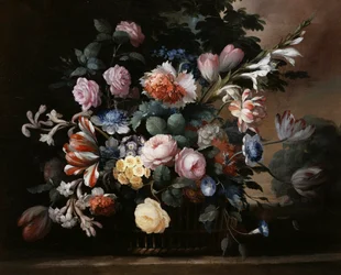 Stilleben av sommarblommor med rosor, primula och tulpaner. Målning av Elise Bruyere (1776-1842) Privat samling.