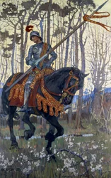 En riddare i rustning färdas genom skogen, illustration från "King Arthur