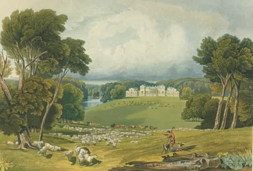 Vy över Holkham Hall, Norfolk, graverad av Robert Havell (1769-1832) 1818 (färggravyr)