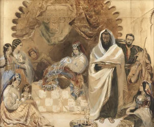 En Brit Milah i Tanger, 1838 (wc & kroppsfärg på papper, täckt med färgat glas)