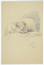 Barn som sover (recto) och fiskare på kajen (verso)