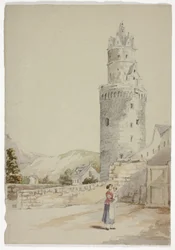 Kvinna och barn före muromgärdad stad med torn