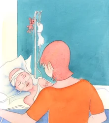 En mamma med ett svårt sjukt barn fortsätter att älska henne, 2005 (akvarell på papper)