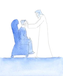 Efter bikten: Kristus tog mitt ansikte i sina händer och sade till mig: "Bra gjort"! På detta sätt visade han sin glädje över min uppriktiga bikt denna morgon i botens sakrament, 2005 (akvarell på papper)