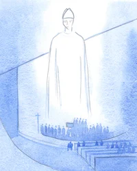 När en ny prästs händer smordes ("Må Jesus bevara dig?"), stod Kristus, klädd som vår biskop, i helgedomen, 2001 (w/c på papper)