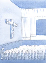 Som ett icke-katolskt barn i en katolsk skola brukade jag titta på figuren på korset och undrade vem han var och varför han var där, 2000 (w/c på papper)