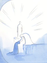 Som om hon böjde sig från en sockel sträckte sig Vår Fru ut och strök mitt huvud. Hon njuter av dem som med glädje talar om henne till andra, 2002 (w/c på papper)