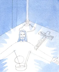 Så snart pyxen öppnades och jag avgudade Jesus, Verkligen närvarande i den heliga värden, visades jag den glada åsynen av Jesus själv, som sträckte ut sina armar för att hälsa mig., 2004 (w/c på papper)