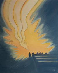 Vid nattvarden faller en stor låga, som en pil, över oss när Kristus kommer för att möta oss i Andens kraft, 2001 (olja ombord)