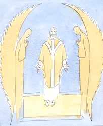 Vid varje mässa görs Jesus Kristus närvarande framför oss, vår store överstepräst som går i förbön för oss hos sin himmelske Fader, 2004 (w/c på papper)