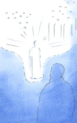 Genom bön förs vi mycket nära himlens heliga, som om himlens golv går ner. Varje troshandling leder oss ännu närmare, 2002 (w/c på papper)