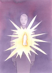Genom den helige Ande är Kristus närvarande i den döptes själ, lyser ut sin kärlek och visdom, strålar ut själen med gudomlig glädje och godhet., 2004 (w/c på papper)