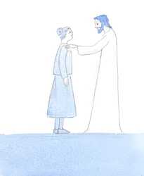 Kristus snuddade vid min axel när han försäkrade mig om att våra små brister är som små dammkorn på en fin kostym, när vi närmar oss honom för nattvarden, 2005 (akvarell på papper)