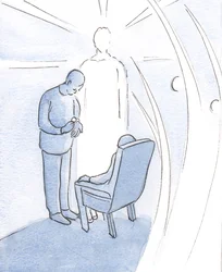 Kristus lämnar oss inte ensamma i vår sjukdom och bekymmer, utan kommer till oss i sitt sakrament, åtföljd av änglar., 2001 (w/c på papper)