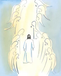 Kristus är väsentligen närvarande hos oss i kyrkan, i tabernaklet, och görs närvarande på altaret vid konsekrationen i mässan, 2005 (akvarell på papper)