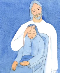 Kristus ger tröst åt alla; men om vi vägrar att närma oss honom kan vi inte ta emot hans hjälp, 2004 (w/c på papper)