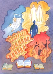 Få böcker idag innehåller kloka ord om de "fyra sista sakerna", som är döden, domen, himlen och helvetet, 2004 (w/c på papper)